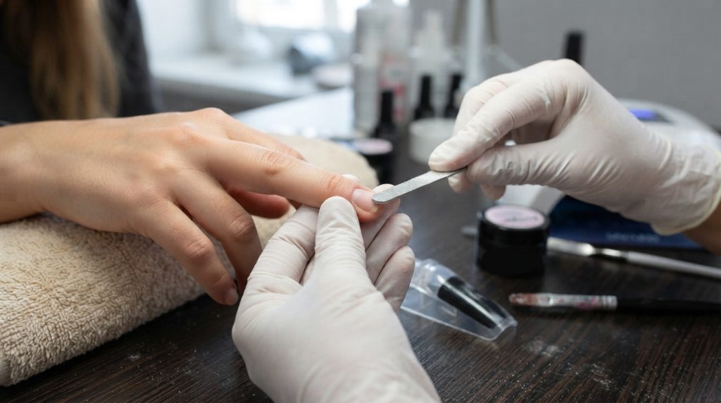 Na obrazie widać profesjonalny zabieg manicure w salonie kosmetycznym