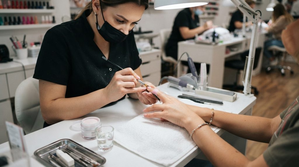 Na tym obrazku widać profesjonalny salon kosmetyczny, w którym stylistka paznokci wykonuje zabieg przedłużania paznokci u klientki