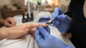 Na tym obrazie widać profesjonalny zabieg manicure żelowego wykonywany na formie (szablonie) w salonie kosmetycznym